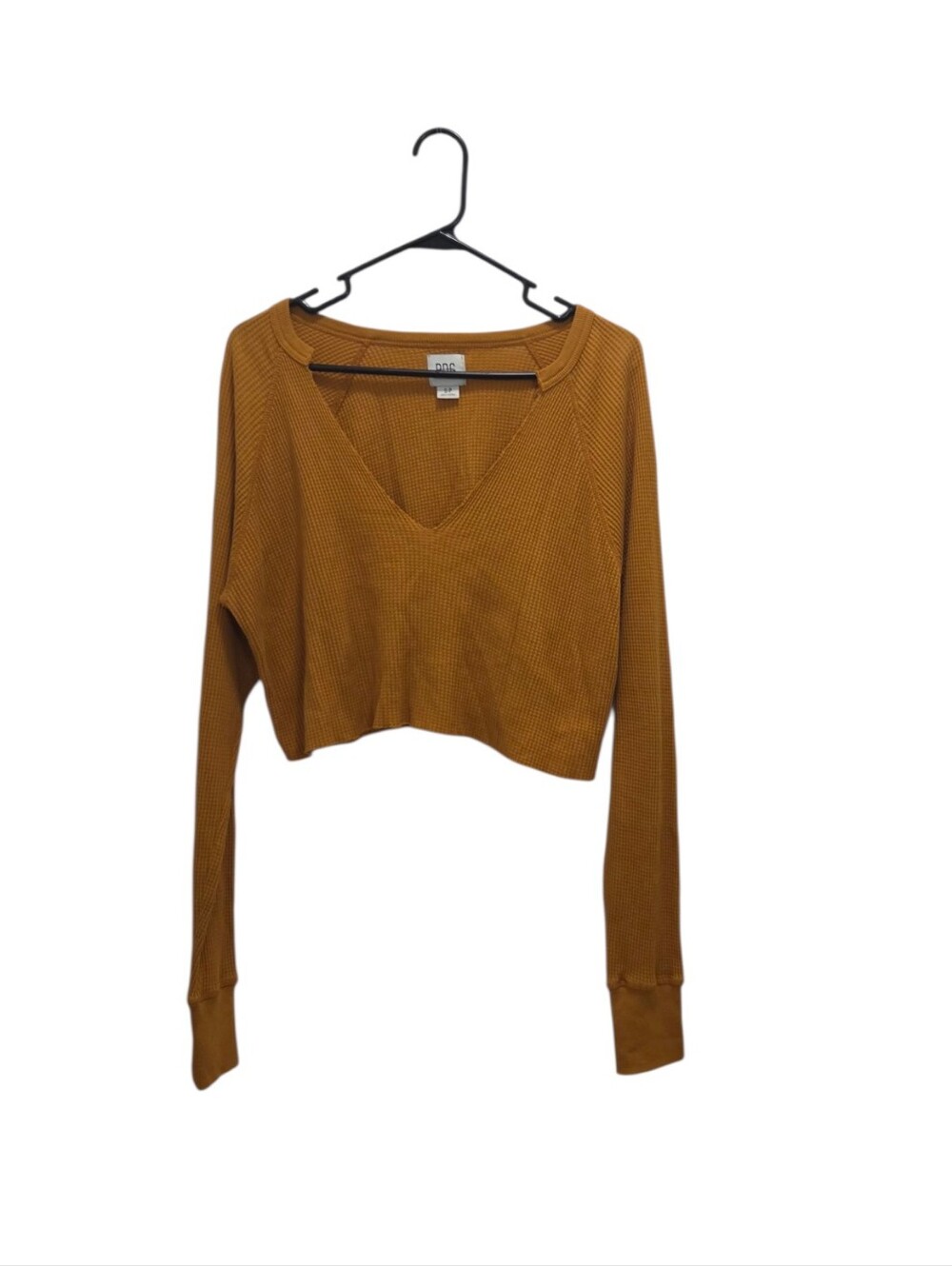 BDG Corey Notched Thermal Crop Top Mustard Waffle Knit Long Sleeve Small Raw Hem